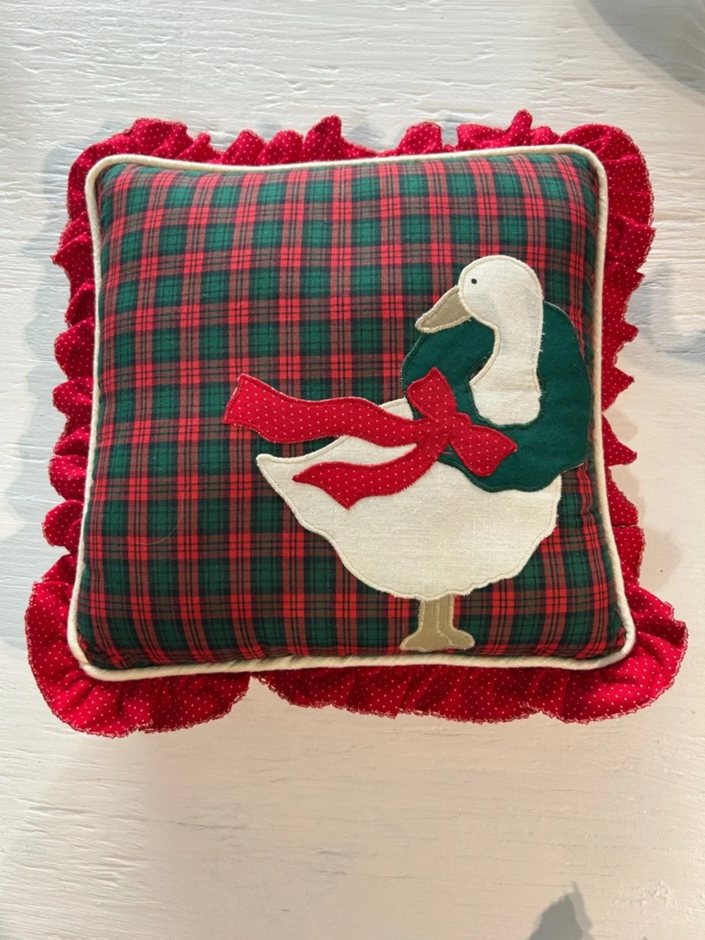 Vintage Christmas Goose Plaid Decorative Pillow - Red & Green